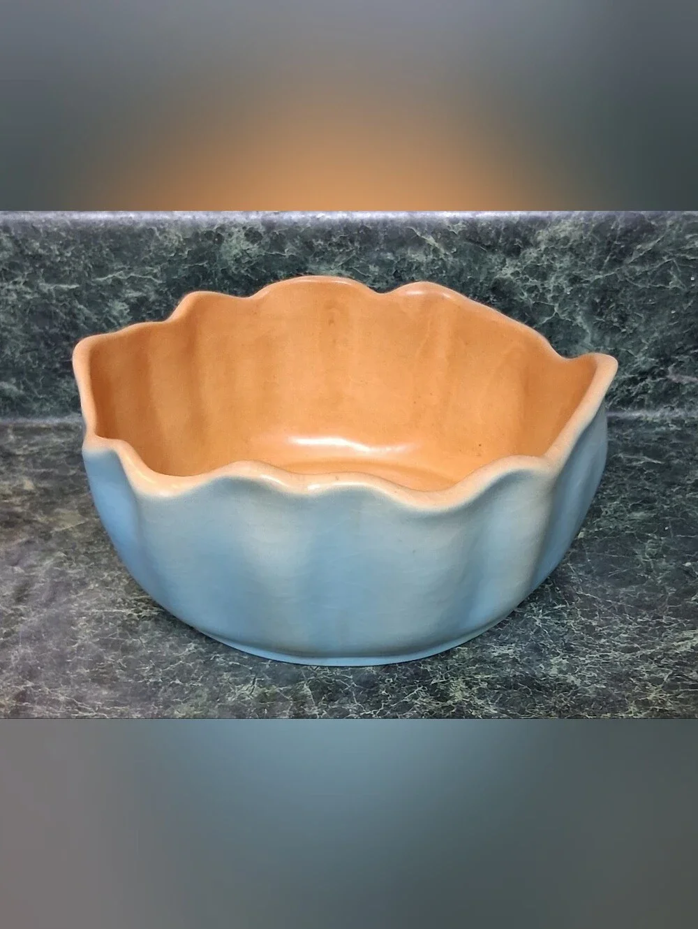 RARE Vintage Roseville Pottery Ruffled Bowl 60-6  Peach, Blue – C:1933